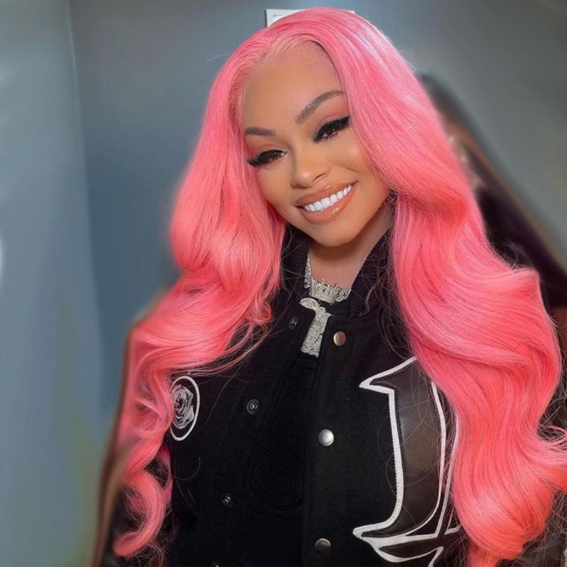 Pink Wig Body Wave Colored Brazilian Human Hair Wigs for Black Women HD Transparent Lace Part Wig 24 Inches