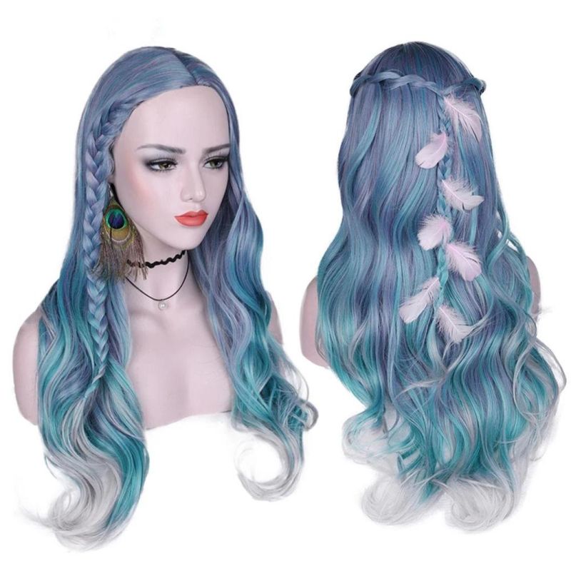 Mixed Violet Blue Green Light Gray Color Heat Resistant Fiber Long Wavy Synthetic Wigs for Women Middle Part Wig 28 Inches