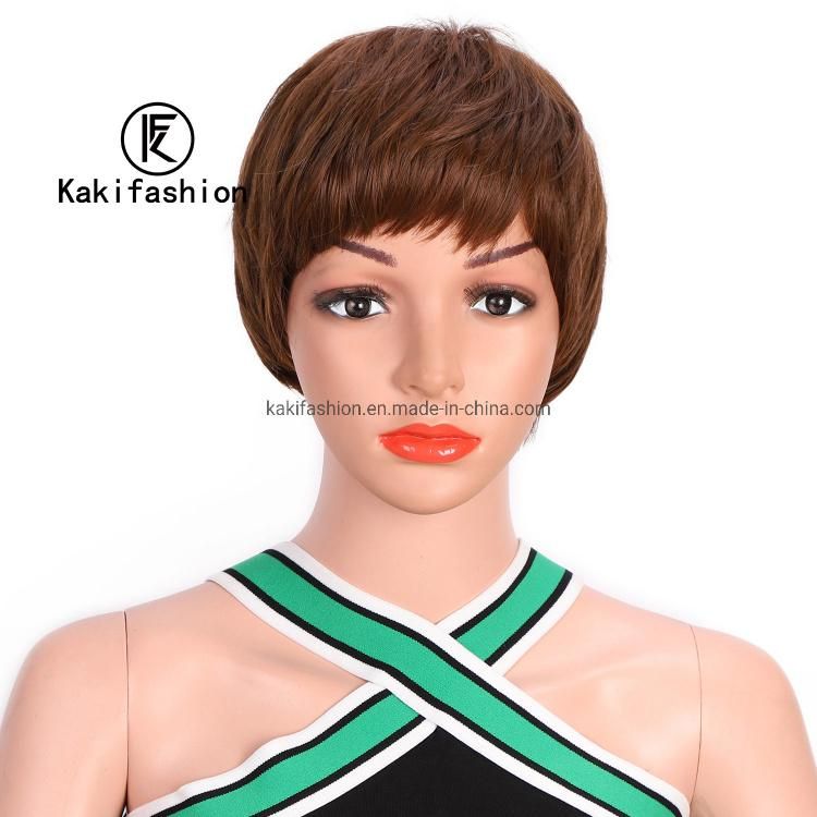 Kakiifashion Hair Vendor Wholesale Short Pixie Cut Curly Wave Brown Synthetic Wig with Bangs for Black Women