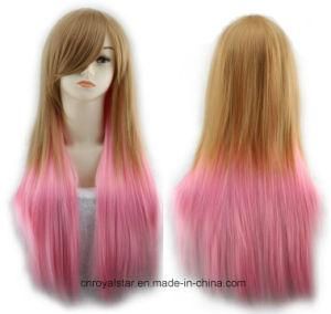Popular Color Gradient Inclined Bang Female Long Straight Synthetic Wigs