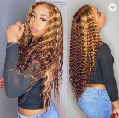 Glueless Honey Brown Blonde Highlight Color Deep Wave Brazilian Virgin Human Hair Lace Wigs for Black Woman