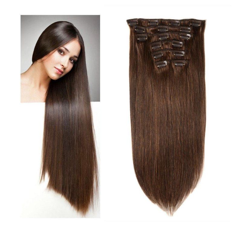Kbeth Human Hair Extension Clip in #2 Color Dark Brown Brazilian Real Hair Clips on Extension Long Straight Hair Double Weft Human Hair Extensions