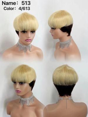613 Honey Blonde Wig Short Wavy Bob Pixie Cut Full Machine Made Non Lace Human Hair Wigs with Bangs for Black Women Remy