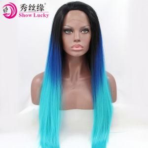Wholesale #1b/Blue/Light Blue Real Kanekalon High Temperature Fiber Hair Product Ombre Synthetic Front Lace Wig