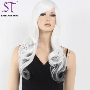 China Wig Wholesale Supplier 23&rdquor; Two Tone Color Grey +White Long Wavy Party Wig for Women Used Quality Japanese Synthetic Hair