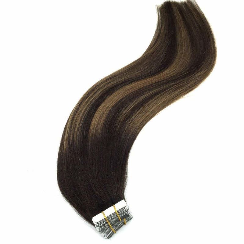 Hair Extensions Tape in Ombre Dark Brown to Chestnut Brown Balayage Real Remy Human Hair Extensions Tape in Natural Hair 20PCS 50g 24 Inch