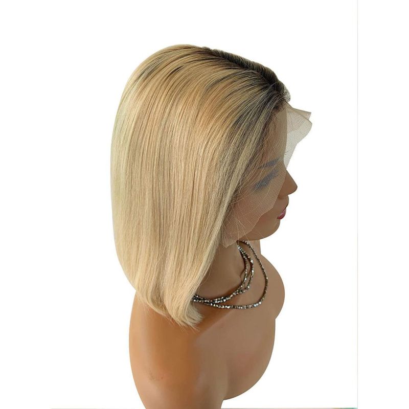 Short Bob Lace Front Ombre Blonde Wigs Glueless 150% Density Natural Human Hair Wig 8 Inch 1b/613
