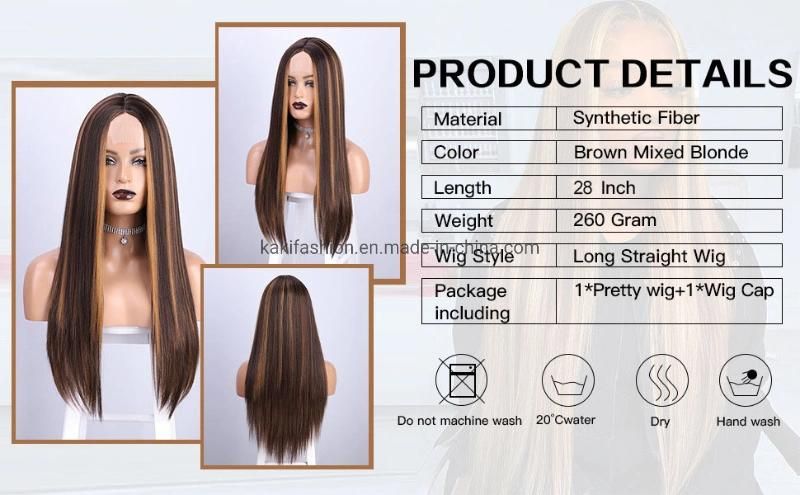 Kaki Hair Cheap Long Straight Front Lace Brown Mixed Blonde Ombre Wigs Synthetic Highlight Hair Wigs