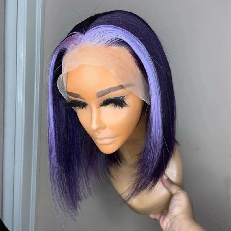 13X4 Lace Part Human Hair Wigs Silky Straight Light Purple Color Bob Wig for Black Women Pre Plucked with Baby Hair 12 Inches