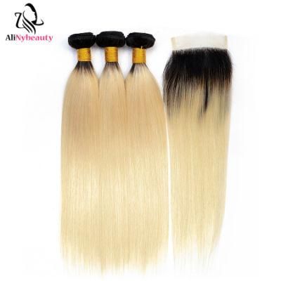 Factory Wholesale T1b/613 Brazilian Hair Weave Bundles with Closure