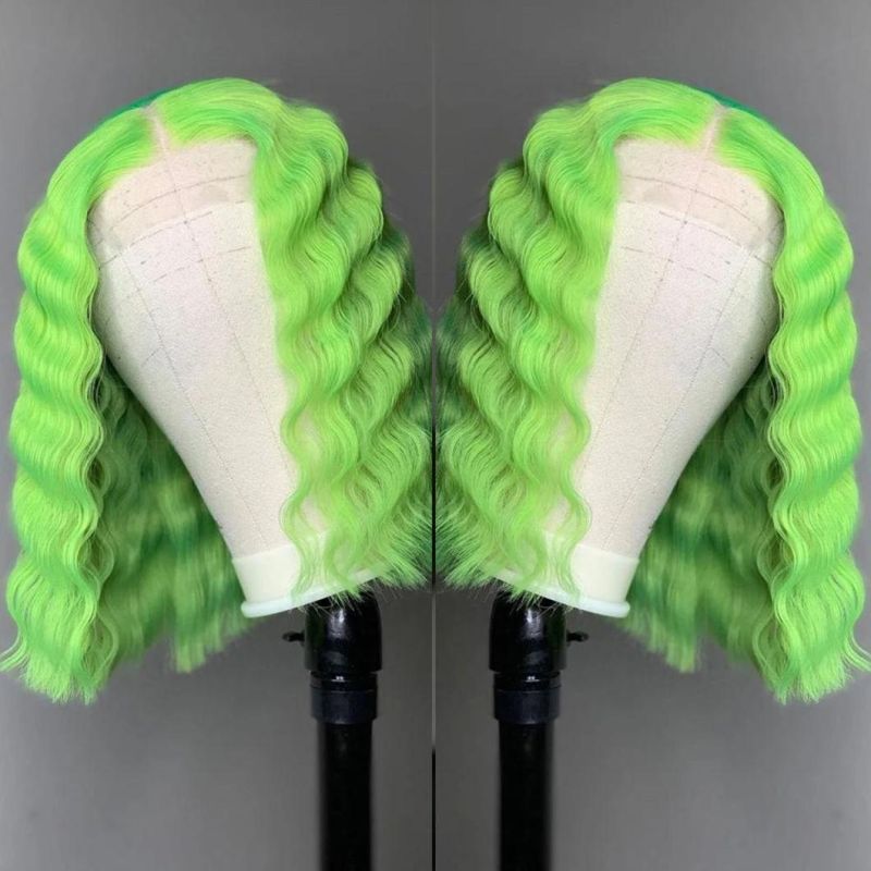 Lace Part Short Green Human Hair Wigs Straight and Deep Wave Middle Wig for Black Women Pre Plucked with Baby Hair 13X4X1 Lace 12 Inches