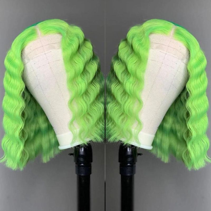 Lace Part Short Green Human Hair Wigs Straight and Deep Wave Middle Wig for Black Women Pre Plucked with Baby Hair 13X4X1 Lace 12 Inches