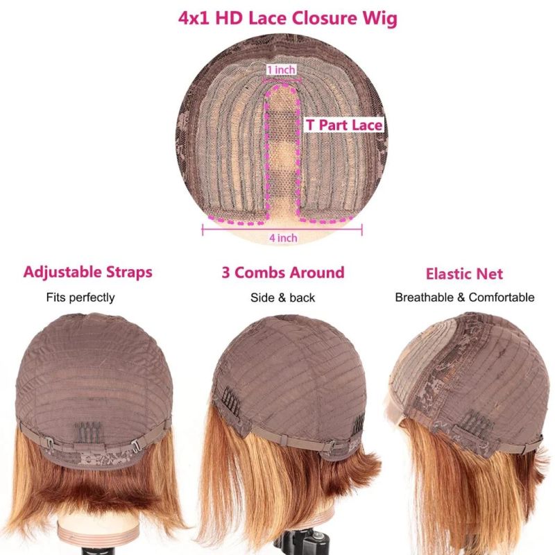Highlight Glueless Bob Wig Straight 4/27 Ombre Brazilian Brown Blonde 4× 1 Lace Front Human Hair Wigs