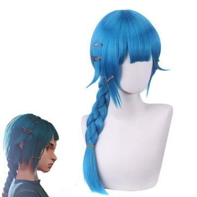 High Quality Lake Blue Single Braid Teenager Jinx Cosplay Wig From Arcane: League of Legends