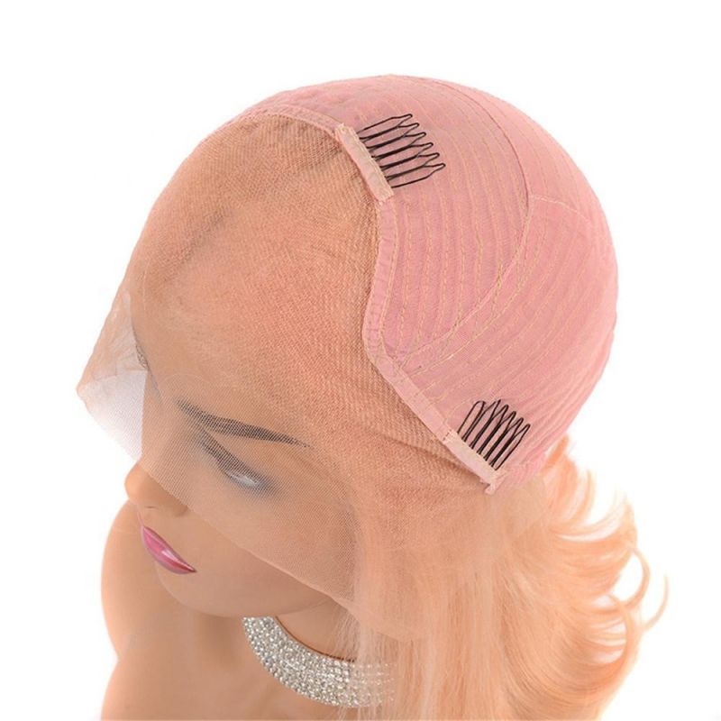 Natural Human Hair Wigs Lace Frontal Pink Color Short Wig