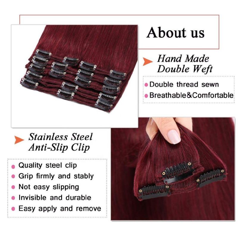 Kbeth Color Human Hair Extension for Black Women Invisible Durable Anti-Slip Clip in Burgundy Wine Red Breathable Comfortable Summer Hair Extension Clip in