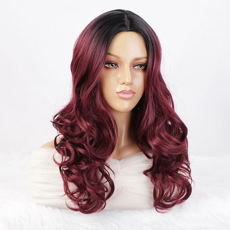 Wholesale Body Wave Red Dark Root Wigs Middle Part Long Wavy Wig Synthetic Hair Wigs