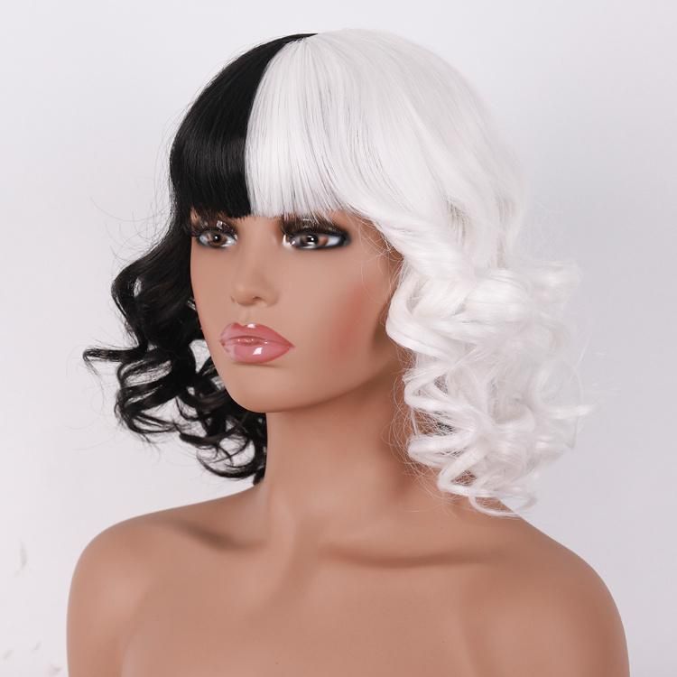 Synthetic Hair Wigs with Bangs Black and White Two Tone 20 Inch Straight and Curly Luxury Custom Design Wig