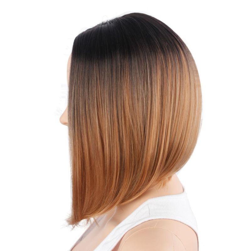 Short Ombre Brown Heat Resistant Synthetic Fiber Silky Straight Hair Wigs