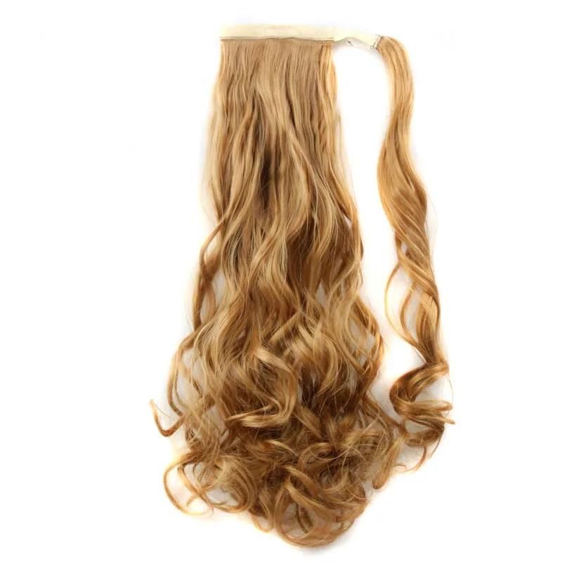 Ombre Brown Long Curly Ponytail Hairpiece Synthetic Magic Paste Ponytail Wrap Clip in Hair Extension