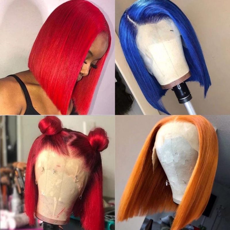Lace Part Human Hair Wigs Short Bob Wigs 150% Brazilian Human Hair Wig Blue Orange Red Lace Frontal Wigs for Black Women 8 Inches