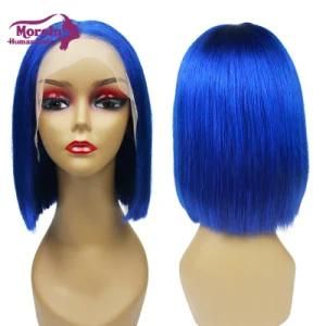 Wholesale 100% Raw Human Hair Wig 180% Density Blue Straight Bob Lace Wig