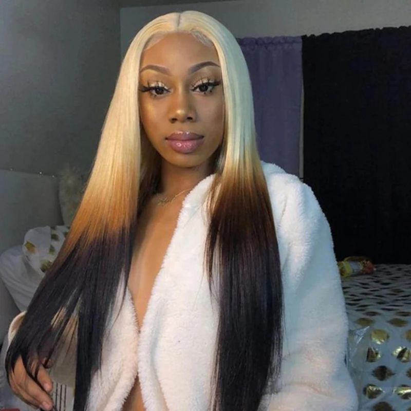 13X2 Lace Frontal 613 Brown Blonde Colored Wig Straight Brazilian Human Hair Wig Middle Part Pre Plucked for Women