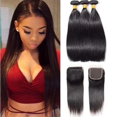 Straight Hair Bundles with Closure 10A Human Hair Bundles with Lace Closure Virgin Hair Bundles with Closure Natural Color (14 16 18 With 14)
