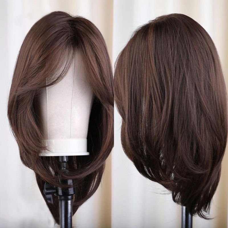 Dark Brown Brazilian Hair Lace Front Wig with Closure Daily Natural Wave Human Hair Wigs for Women Side Part Hair with Bangs 18 Inch