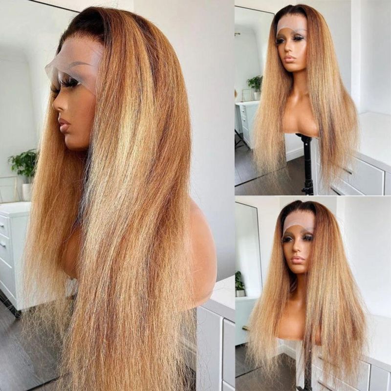 Ombre Honey Blonde Coarse Yaki Kinky Straight Lace Front Wig 13X2 HD Lace Frontal Wig Full Human Hair 30 Inches 150% Pre Plucked