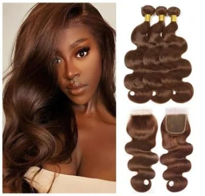 Color 4# Light Brown Body Wave Bundles with 4X4 Lace Closure Free Part Brazilian Hair Weave 100% Remy Human Hair