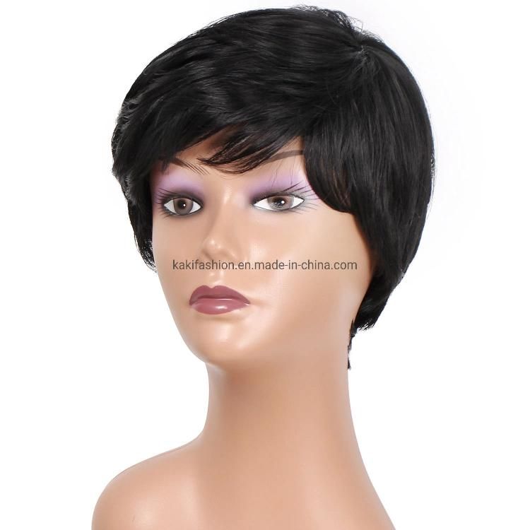 Wholesale Short Silky Straight Pixie Cut Wigs with Bangs Synthetic Black for Black Women