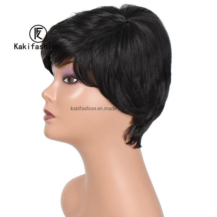 Wholesale Short Silky Straight Pixie Cut Wigs with Bangs Synthetic Black for Black Women