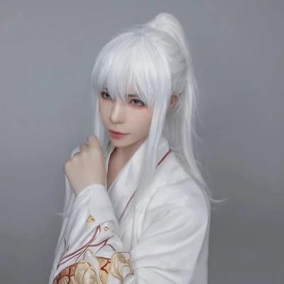 Short Wigs Ponytail White Straight for Women Men Boy Male Synthetic Hair with Bangs Cosplay Anime Costume Daily Wig 12 Inches