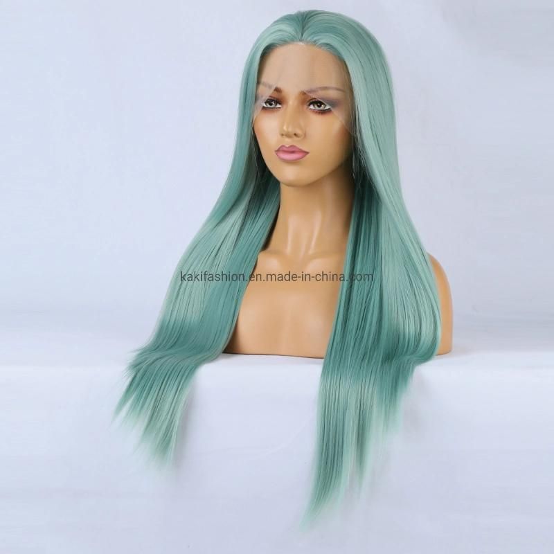 China Front Lace Big Lace Lady Synthetic Fiber Long Straight Green Wig