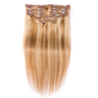 Double Weft 100% Remy Human Hair Clip in Extensions Highlight 10&prime; &prime; -24&prime; &prime; Long Soft Silky Straight 8PCS 18clips #27/613