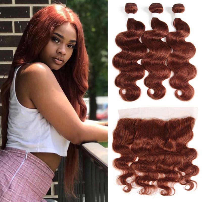 Brazilian Human Hair Bundles with Frontal Lace Auburn Brown Body Wave Non-Remy 100% Human Hair Weaves Bundle with Closure