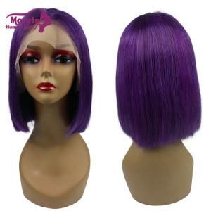 Short Hair Peruvian Human Hair Straight Lace Front Bob Purple Wigs for Black Women