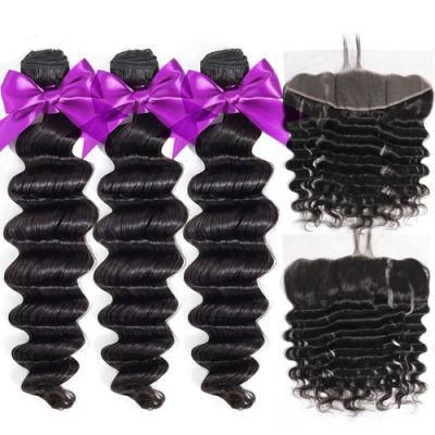 Deep Wave Bundles with Closure 100% Remy Human Hair Extensions Brazilian Hair Weave Bundles with 13*4 Lace Frontal