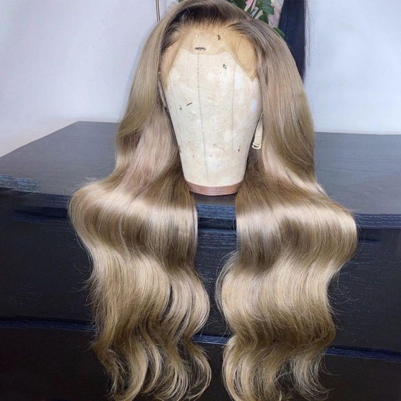Long Ombre Light Ash Brown Blonde Wavy Wig Human Hair Wig for Women 150 Density T Lace Part Wig Remy Brazilian
