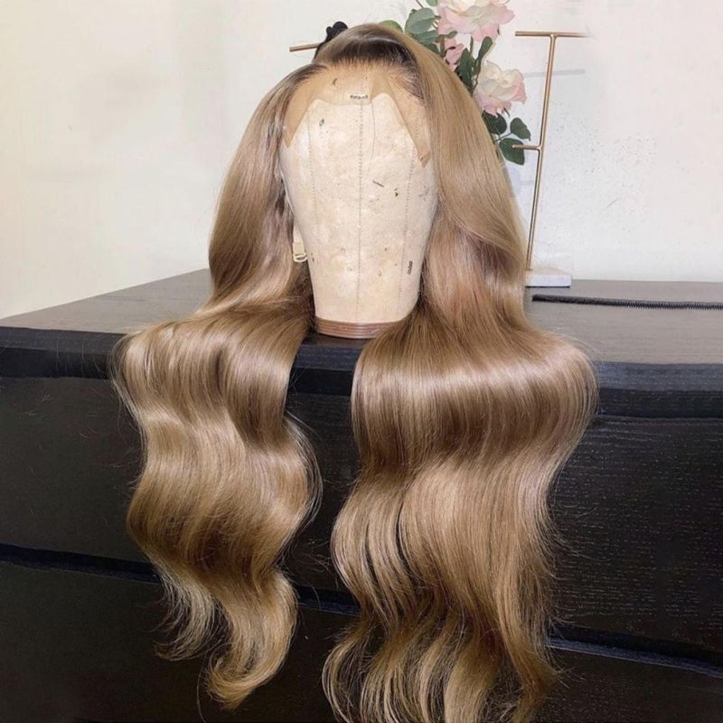 Long Ombre Light Ash Brown Blonde Wavy Wig Human Hair Wig for Women 150 Density T Lace Part Wig Remy Brazilian