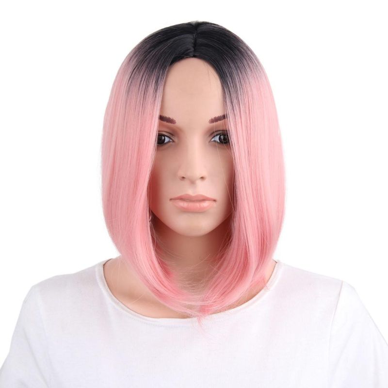 Kaki Hair New Women Fashion Ombre Pink Short Straight Synthetic Hair Wigs Bobo Wig 14 Inch