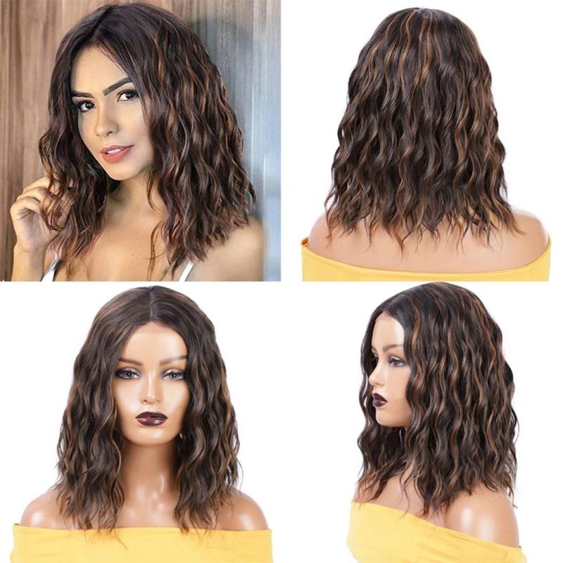 14 Inch Human Brazilian Hair Wigs Lace Front Middle Part Mixed Black Color and Brown Natural Wave Wig for Black Women