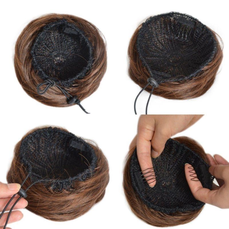 Women′ S Scrunchie Synthetic Hair Bun Bud Chignon with Adjustable Drawstring and Clips