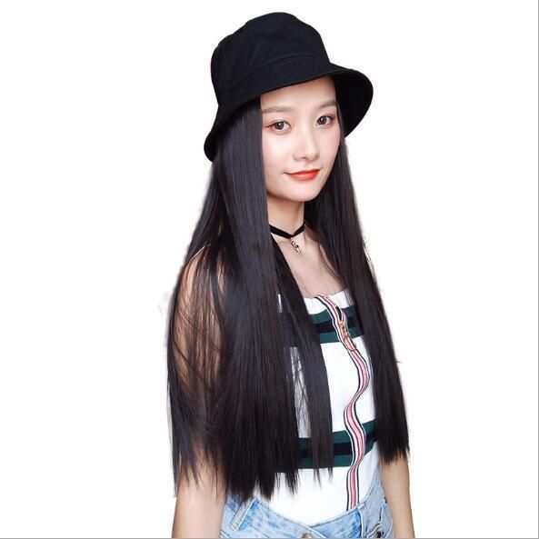 2020 Black Color 22′′ Popular Fashion Synthetic Wig with a Fisherman Bucket Hat for Young Ladies