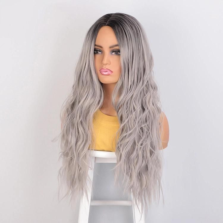 Heat Resistant Synthetic Fiber Cosplay Curly Long Wavy Ombre Gray Body Wave Hair Wigs