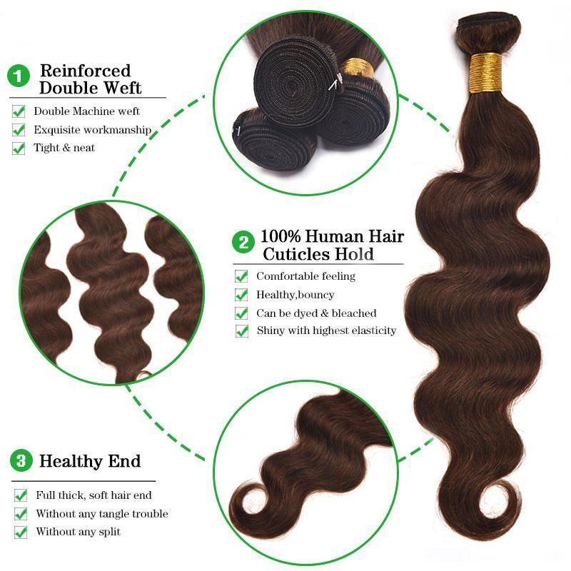 #4 Body Wave Bundles with Lace Frontal Closure Brown Pre Colored Brazilian Body Wave 3/4 Human Hair Bundles with Lace Frontal Closure Remy Hair