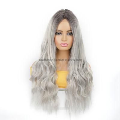 Lace Long Body Wavy Wig 26 Inch Ombre Grey Daily Party Use Heat Resisitant Synthetic Fiber