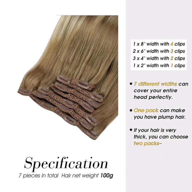 Clip in Hair Extensions 10-24 Inch Machine Remy Human Hair Brazilian Doule Weft Full Head Set Straight 7PCS 100g (10Inch Color 8-22-8)