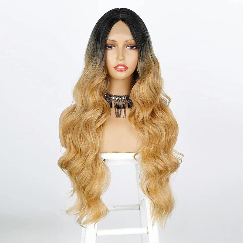 Long Wavy Wig for Women Middle Part Lace Front Wigs Ombre Blonde Body Wave Synthetic Hair